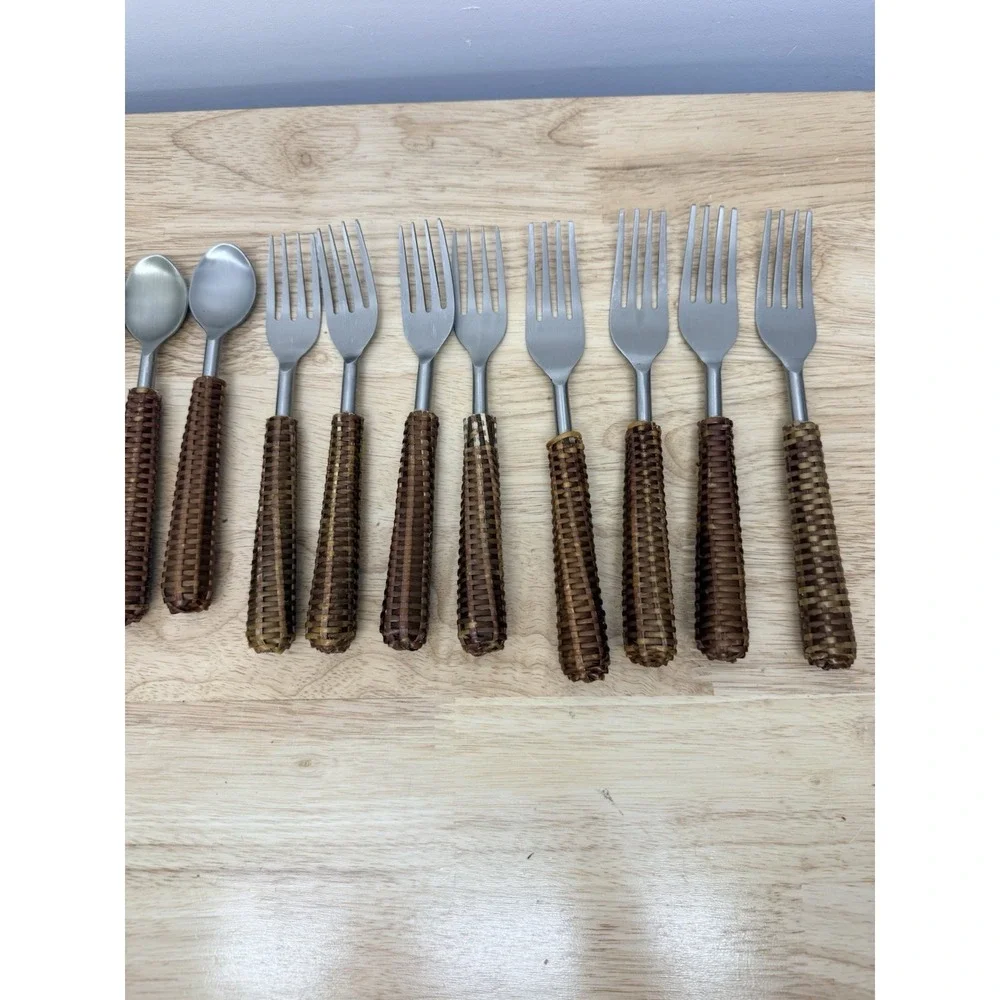 Rattan Woven Handle Flatware‎ Set Boho Coastal Stainless Utensils Lot Of 20 #14